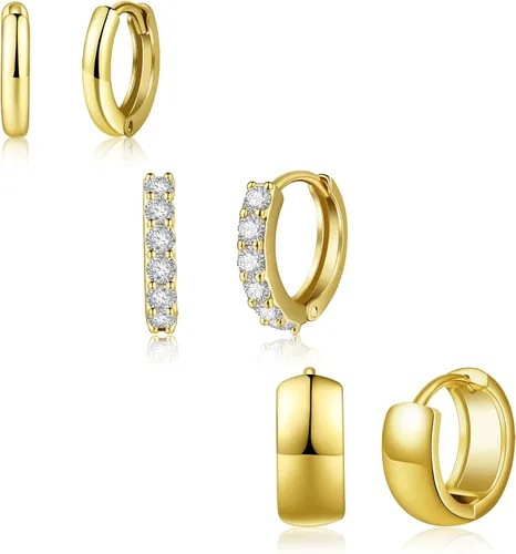 Vista 2 de LUCA SMITH Juego de 3 pares de arracadas pequeñas de oro para mujeres, hombres y niñas, chapados en oro de 14 quilates, hipoalergénicos, ligeros