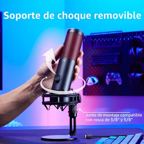 Vista 6 de HyperX QuadCast 2 - Micrófono USB para juegos, transmisión y podcasting, con controles integrados, iluminación LED, soporte de choque extraíble, PC