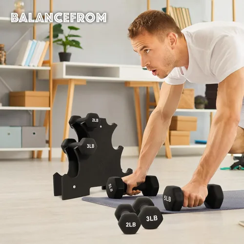 Vista 8 de BalanceFrom Neoprene Coated Iron Dumbbell Hex Weights Set with Stand – Color-Coded or Black Options with Non-Slip Grip for Strength Training