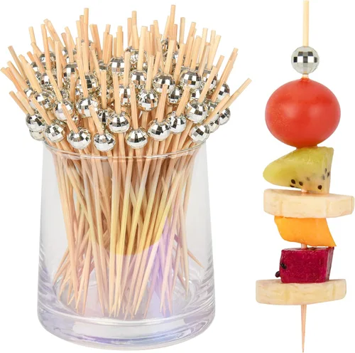 Vista 9 de 100 palillos de dientes elegantes para aperitivos, palillos de cóctel de perlas doradas de 4.7 pulgadas para bebidas, brochetas de bambú
