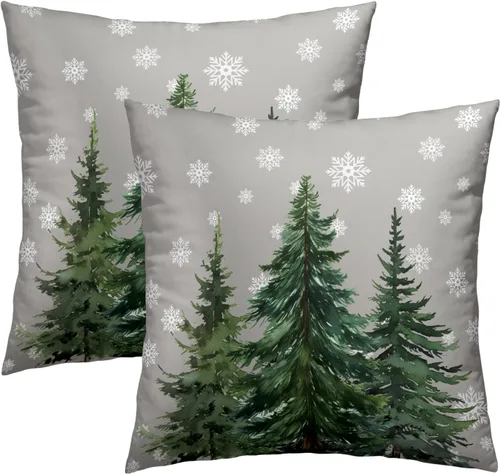 Vista 10 de Fundas de Almohada de Bosque de Pinos 22x22 Juego de 2, Fundas de Almohada Decorativas de Árboles de Abeto y Cedro Verde Nieve Beige de Invierno