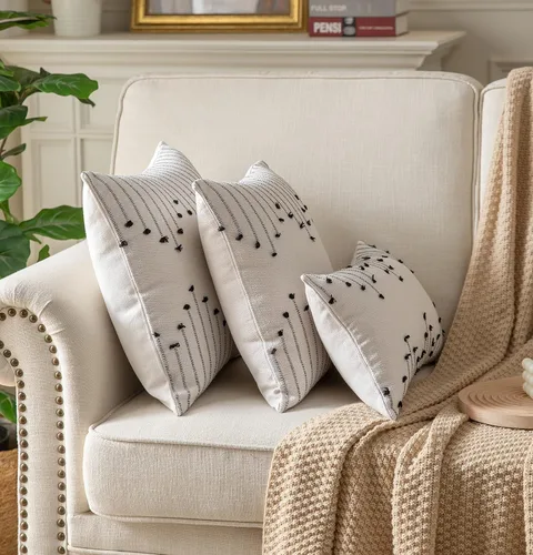 Vista 4 de Fundas de almohada boho de 12 x 20 pulgadas, juego de 2 almohadas decorativas para cama, fundas de almohada neutras color beige con línea negra