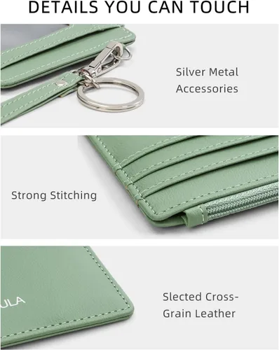 Vista 4 de Cartera de cuero suave con bloqueo RFID para mujer, con bolsillo con cremallera, pulsera delgada, Verde, Elegancia clásica