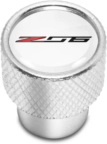 Vista 2 de iPick Image Para Chevrolet Corvette C7 Z06 Blanco sobre tapas de vástago de válvula de neumático de aluminio plateado brillante