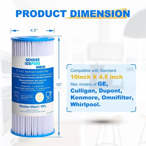 Vista 3 de GOLDEN ICEPURE PPL10BB, filtro de agua plisado de sedimentos para toda la casa de 10 x 4.5 pulgadas, compatible con DuPont WFHDC3001, GE FXHSC