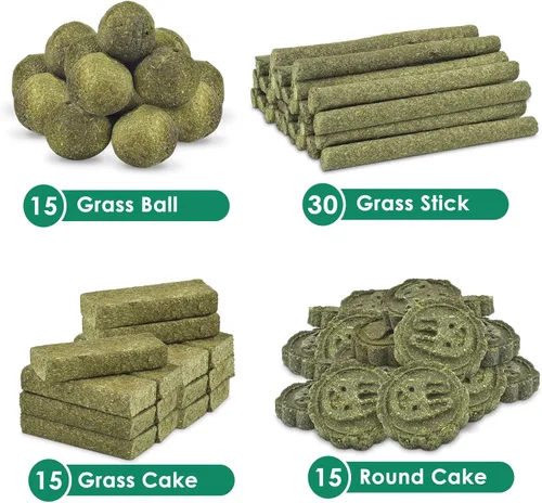 Vista 3 de ERKOON 75 juguetes masticables de conejo, 100% naturales Timothy heno galleta y palitos de golosinas, juguete masticable para dientes para conejo