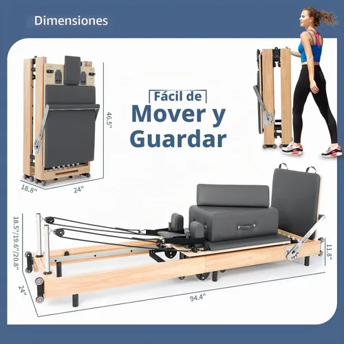 Vista 2 de Foldable Oak Wood Pilates Reformer Machine for Home and Studio Training