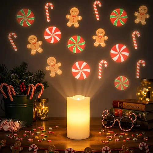 Vista 3 de Proyector de velas sin llama de Navidad, proyector de dulces para interiores, vela LED para vacaciones, funciona con pilas, luz nocturna