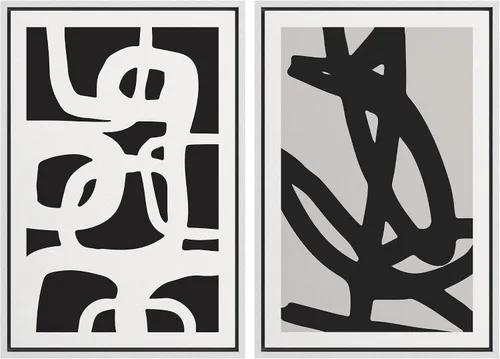 Vista 64 de SIGNWIN Lienzo enmarcado para pared, juego de arte de collage de ondas en espiral de mediados de siglo, formas abstractas, acogedor, neutro