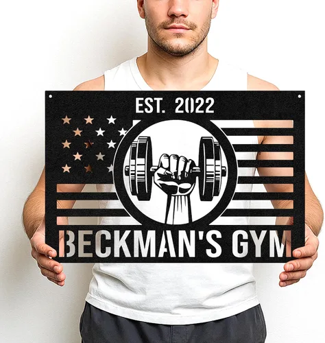 Vista 34 de Cartel de metal personalizado para gimnasio con nombre, arte de pared para sala de entrenamiento en casa, garaje, espacio de fitness, decoración