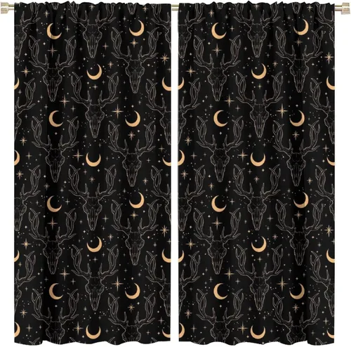 Vista 41 de BAEKJIN Cortinas de cabeza de cabra, diseño de calavera malvada, bruja, símbolo misterioso, bolsillo para barra, cortinas opacas para ventana, juego