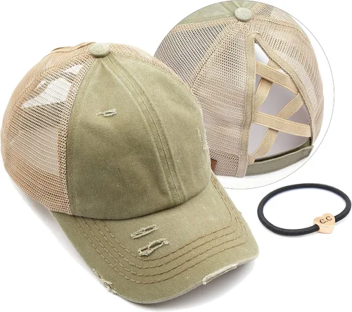 Vista 39 de C.C Gorra de béisbol de malla con diseño de estrella brillante, gorra de camionero ajustable para moño o cola de caballo Una banda elástica-negro