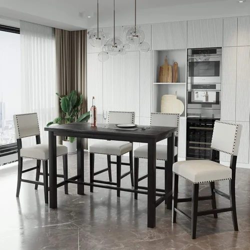 Vista 2 de P PURLOVE Juego de mesa de cocina de 5 piezas, mesa de comedor de altura de mostrador con mesa rectangular y 4 sillas acolchadas para lugares
