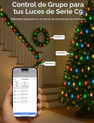 Vista 8 de Popotan C-9 Luces LED de Navidad para Exteriores, 33 Pies 50 LEDs Luces de Cadena RGB Inteligentes con Control Remoto de Aplicación, 108 Modos