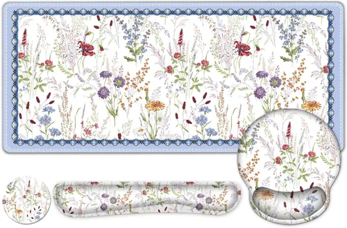 Vista 20 de Alfombrilla de mouse con estética natural de flores, XXL gran alfombrilla de escritorio extendida para la lectura, 4 piezas de base de goma