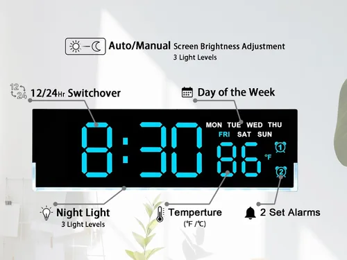 Vista 2 de JENLYSTIME Reloj despertador digital LED de 7 pulgadas con alarmas duales y luz inferior ｜ Muestra hora, fecha, día, temperatura ｜ Brillo
