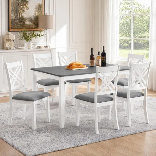 Vista 27 de Juego de mesa de comedor Trygoal para 5, juego moderno de 6 piezas para comedor con mesa rectangular, 4 sillas tapizadas con respaldo y un banco