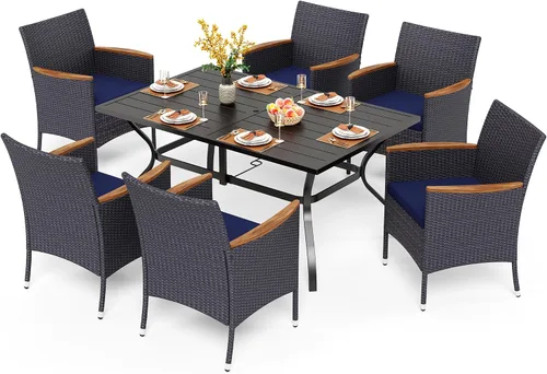 Vista 18 de PHI VILLA Juego de comedor al aire libre de 7 piezas para 6, mesa rectangular de hierro forjado de 152 cm con orificio para sombrilla y sillas