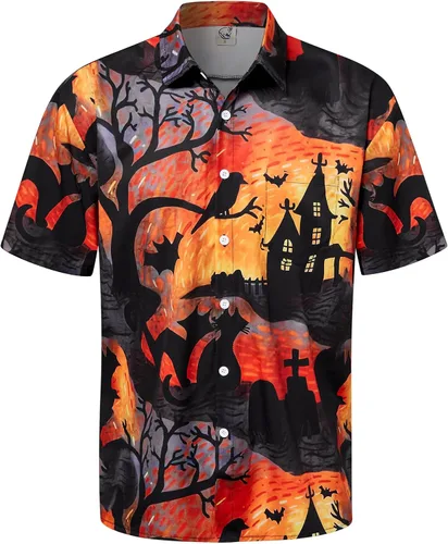 Vista 15 de Camisa de Halloween para Hombre de Hardaddy, de Manga Corta, con Botón, con Estampado Gracioso, Camisa Casual Negro