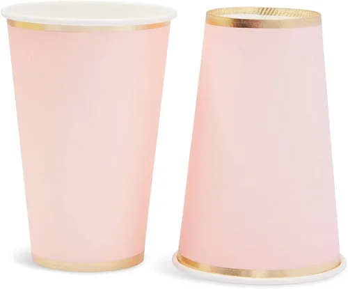 Vista 5 de Juvale Vasos de fiesta rosados, 12 onzas, paquete de 50, rosa claro y dorado, vasos de papel desechables para bebidas calientes y frías, para novia