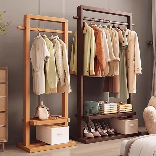 Vista 2 de Perchero de bambú para dormitorio, perchero resistente para colgar ropa, estantes organizadores de almacenamiento de ropa de zapatos, 63 pulgadas