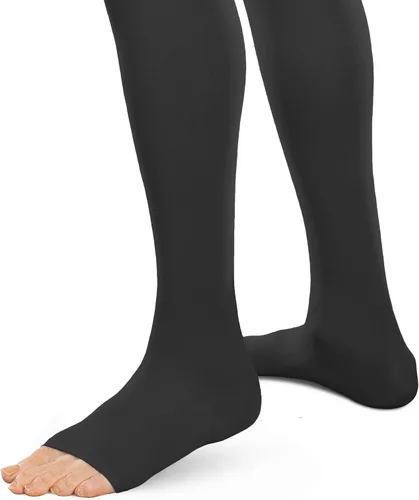Vista 2 de Ease - Medias de compresión firme con punta abierta y opacas, 30-40 mmHg (negro, mediano largo)