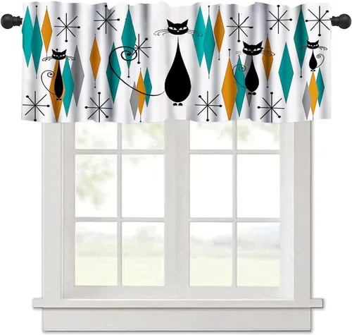 Vista 27 de Cenefa de cortina geométrica para ventanas, cenefa moderna con bolsillo para barra, 1 panel, cortinas cortas abstractas para playa, cortinas cortas