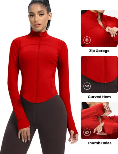 Vista 88 de AVGO Chaquetas de entrenamiento recortadas para mujer, con cremallera, ajustadas, atléticas, con agujeros para el pulgar