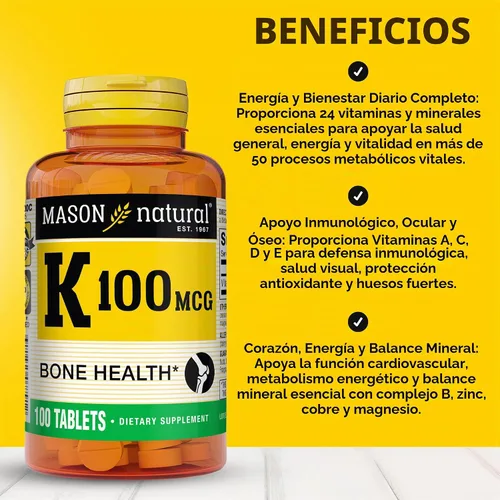 Vista 2 de MASON NATURAL Vitamina K 100 mcg, apoyo para huesos y articulaciones, suministro para 300 días