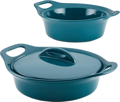 Vista 17 de Rachael Ray Solid Glaze Ceramics - Juego de utensilios para hornear/panadería con tapa compartida, 3 piezas, azul agave