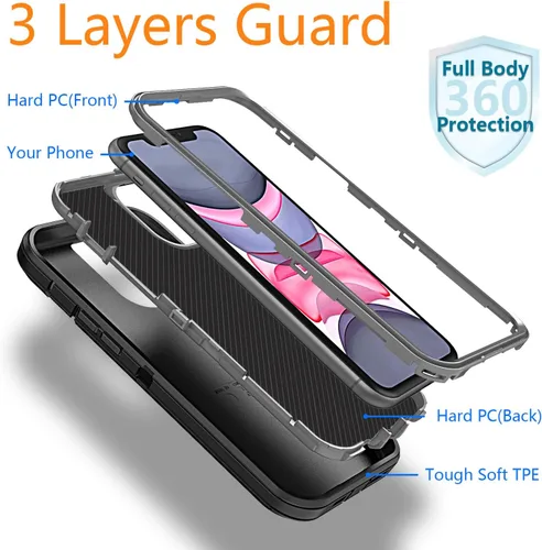 Vista 4 de YmhxcY Funda para iPhone 11 a prueba de golpes, a prueba de caídas, a prueba de polvo, 3 capas, duradera, resistente protección para teléfono Apple