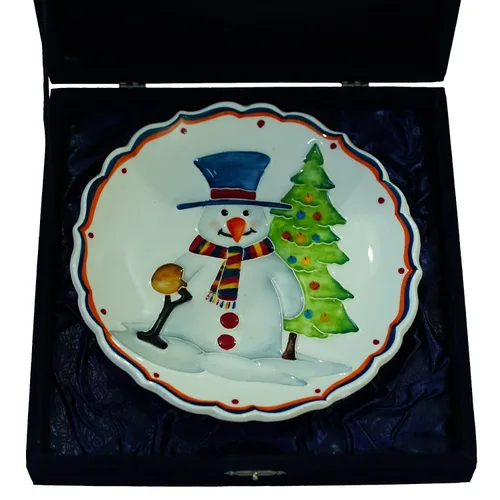 Vista 5 de Anka Handcrafts - Christmas Home Decors – Snowman - Handmade & Handpainted Ceramic Plates with Unique Embossed Surface – w Navy Int. Velvet Case