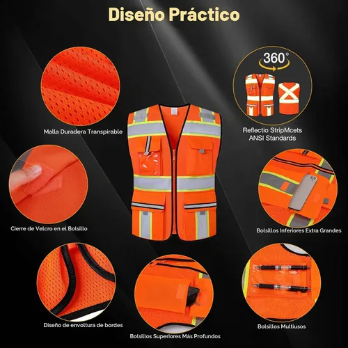 Vista 6 de Chaleco de seguridad clase 2 con cremallera frontal y múltiples bolsillos, chaleco de alta visibilidad, cumple con las normas ANSI/ISEA