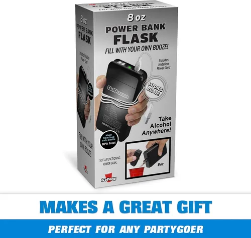 Vista 6 de GoPong Power Bank Flask (8 onzas) – Frasco de viaje con alcohol oculto – Contenedor secreto de licor para playas, cruceros y eventos deportivos