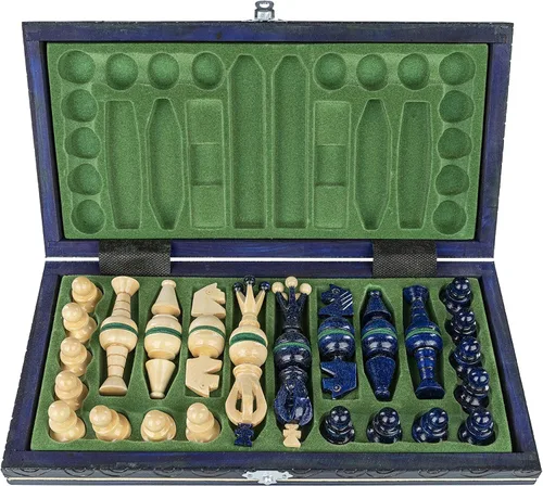 Vista 2 de Juego de ajedrez plegable de madera, tablero internacional de madera de arándano de París, piezas talladas vintage, 14 pulgadas