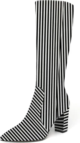 Vista 120 de AMBELIGHT Botas altas hasta la rodilla con cremallera y puntera puntiaguda para mujer, de patente sólida, tacón alto, 3.3 pulgadas