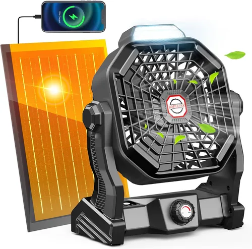 Vista 11 de Ventilador recargable con energía solar, (30 horas de funcionamiento) ventiladores de camping solares y linterna LED, ventilador portátil de 8