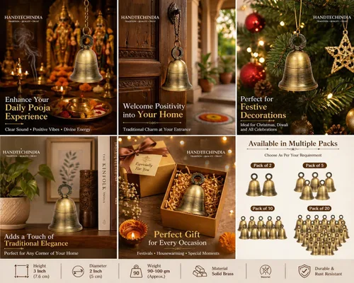 Vista 4 de Campanas de latón indio liso de oro antiguo, cascabeles de cascabel, decoración de puerta del hogar, manualidades, decoración de Navidad, campanas