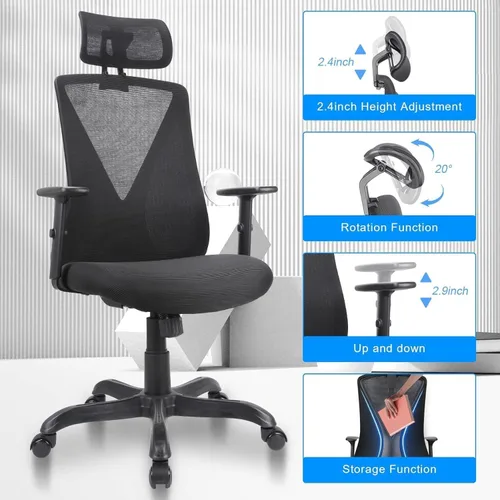 Vista 4 de Ergonomic Office Chair with Adjustable Headrest and Armrest, Mesh Swivel Desk Chair with Lumbar Support and Storage Pocket Work Chair 250lb Capacity