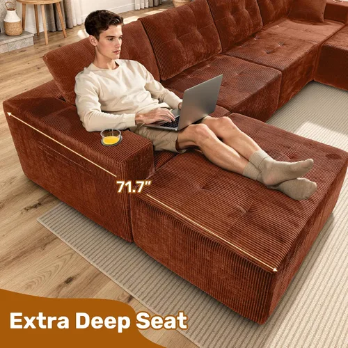 Vista 6 de Sofá modular modular de 113 pulgadas para sala de estar, sofá convertible en forma de L con otomana, sofá modular seccional, pana marrón rojizo
