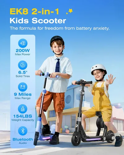 Vista 2 de ECOROAD 2-in-1 Kids Electric Scooter EK8,200W Motor & 9 Miles Range Negro