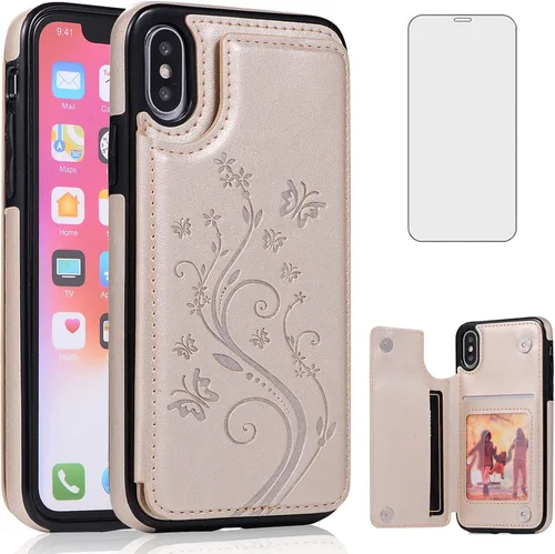 Vista 11 de Funda de teléfono para iPhone Xs Max de 6.5 pulgadas 2018 con protector de pantalla de vidrio templado, tarjetero con tapa de cuero para celular i X