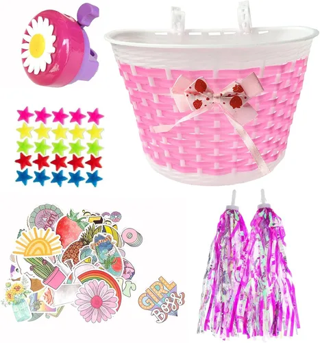 Vista 7 de Accesorios de decoración de bicicleta para niños, cesta de scooter de bicicleta, campana de bicicleta para niños, serpentinas y calcomanías de mango