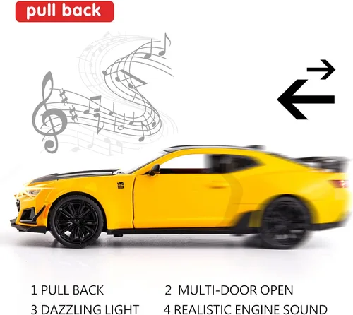 Vista 6 de BDTCTK 1/24 Camaro Bumblebee Modelo de Coche de Juguete, Aleación de Zinc Fundido a Presión, Coche de Juguete con Sonido y Luz para Niños, Niños