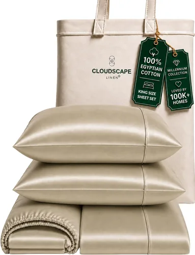 Vista 64 de Cloud Scape Linen - Juego de sábanas de algodón egipcio de doble capa, tamaño individual, tejido de satén de fibra larga, juego de 3 piezas, ropa