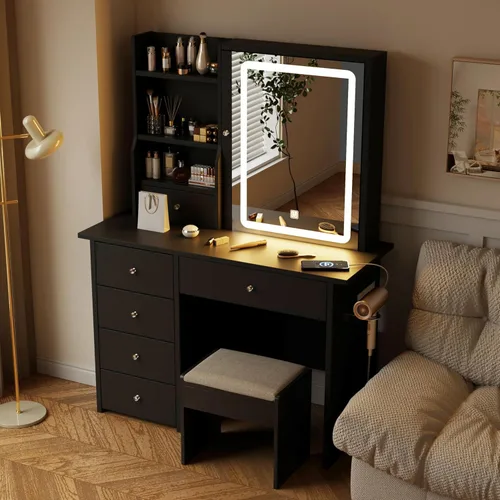 Vista 7 de DYHOME Escritorio de maquillaje con espejo de luces LED, 3 modos ajustables y tomas de corriente, mesa de tocador con 6 cajones y banco, escritorio