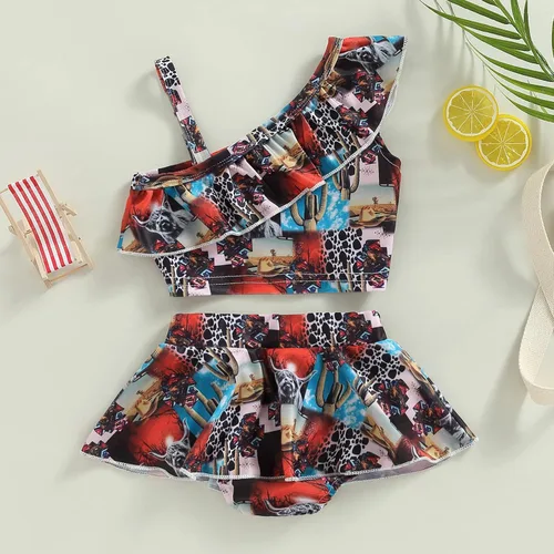 Vista 7 de Meiweileya Traje de baño de dos piezas con volantes y estampado de leopardo para niña pequeña