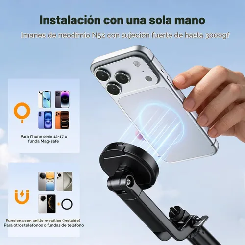 Vista 2 de K&F CONCEPT Trípode de teléfono de 72 pulgadas, clip y palo magnético para selfie con luz de relleno y control remoto, soporte de trípode automático