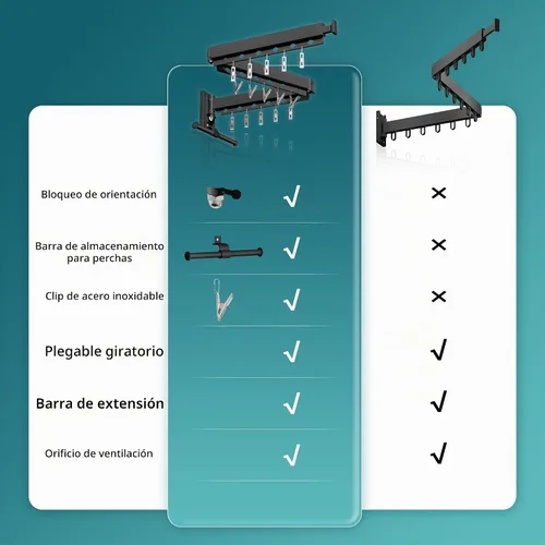 Vista 2 de ZdwCyl Percha de ropa montada en la pared, estante de secado de ropa de aluminio, ahorro de espacio, retráctil, agujeros a prueba de viento