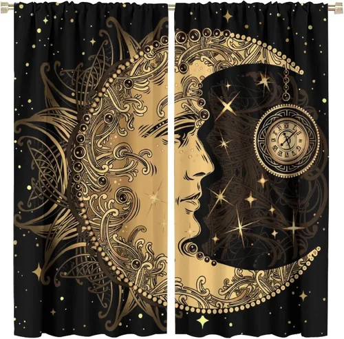 Vista 77 de Cortinas opacas con diseño de sol y luna, cuerpos celestes bohemios, con diseño de sol, luna y estrellas, para sala de estar, dormitorio, 42 x 45
